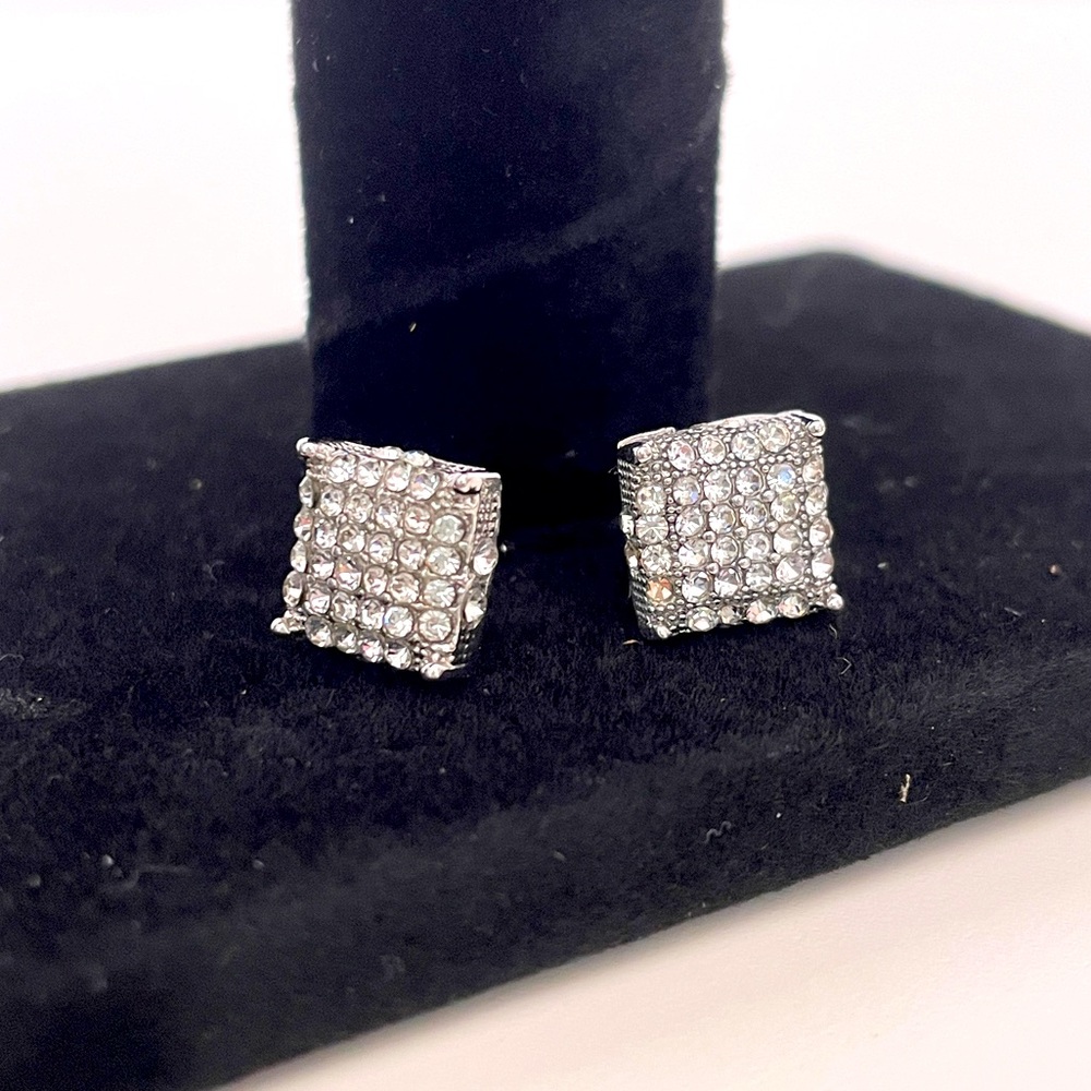 Vintage Heavy Silver Tone Rhinestone Whisigoth Goth Geometric Square Earrings